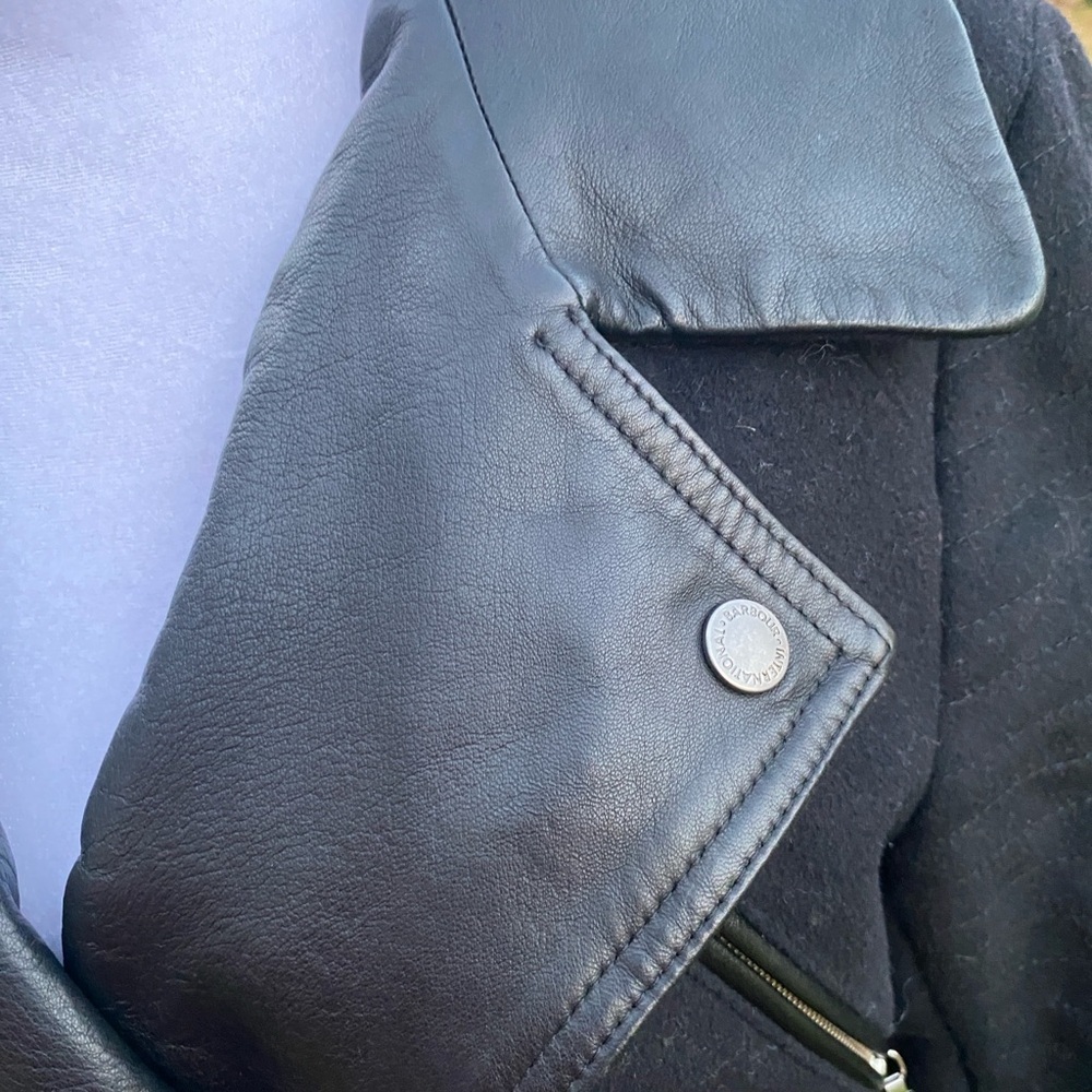 Barbour Black Wool Trench Coat Leather Collar Women's Size 4 - Picture 9 of 14